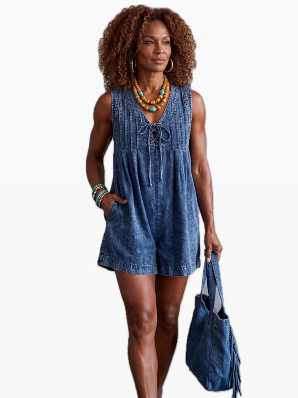 WOMEN XS SLEEVELESS DARK DENIM V-NECK ROMPER TIE FRONT RUFFLE OVERALLS